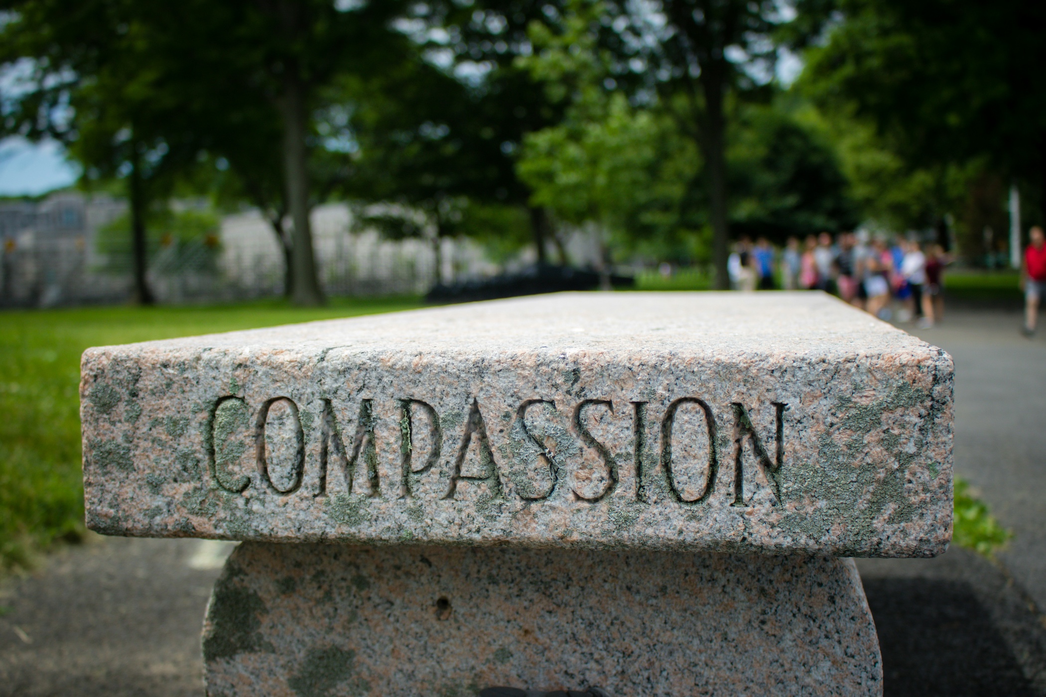 Compassion engraved on a stone bench
